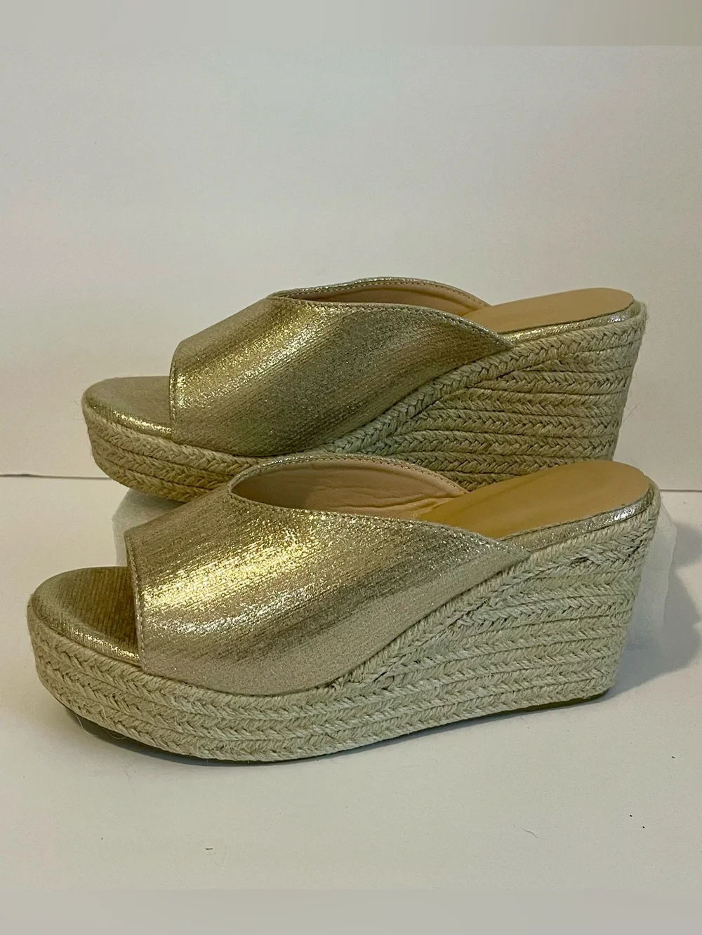 Light Gold Metallic Wedge Espadrille Sandals